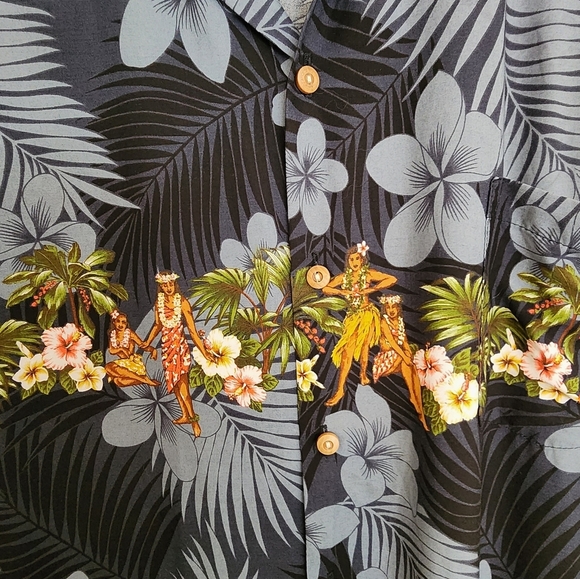 Paradise Found Vintage Hawaiin Button Down, Floral With Hula Girls, Size XL - Picture 3 of 6